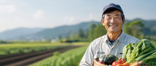 畑を背景に野菜をもった農家