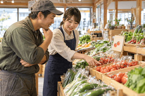 商品の陳列について意見を交わす生産者と直売所スタッフ
