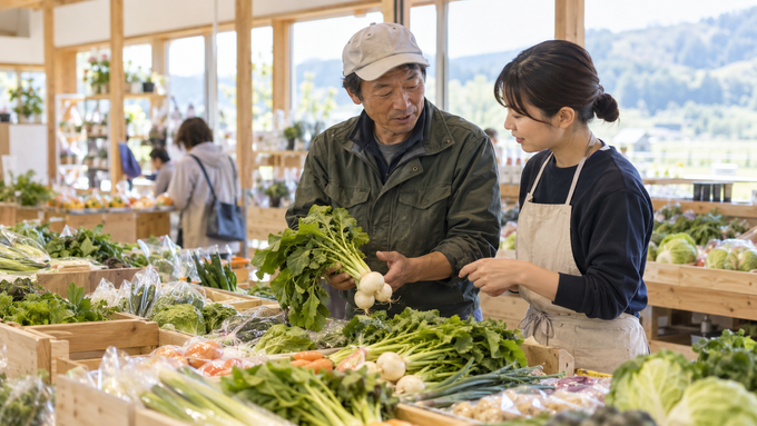 直売所の売り場で商品について話す生産者と店舗スタッフ