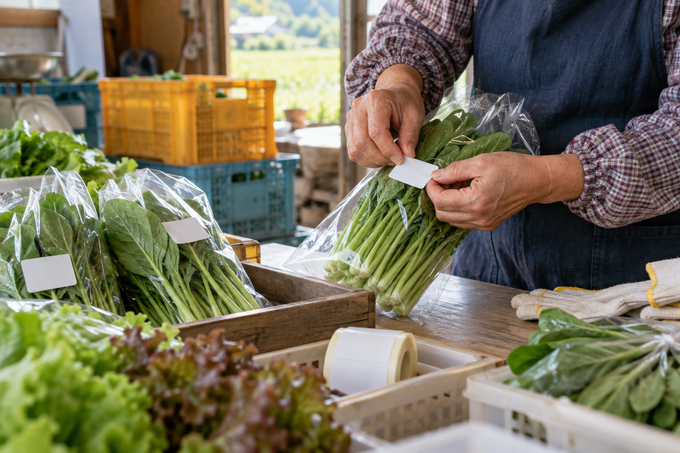 直売所への出荷に向けて野菜を袋詰めする生産者