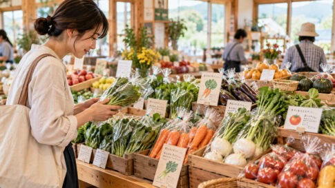 直売所で袋詰めされた野菜を手に取り選ぶお客さま